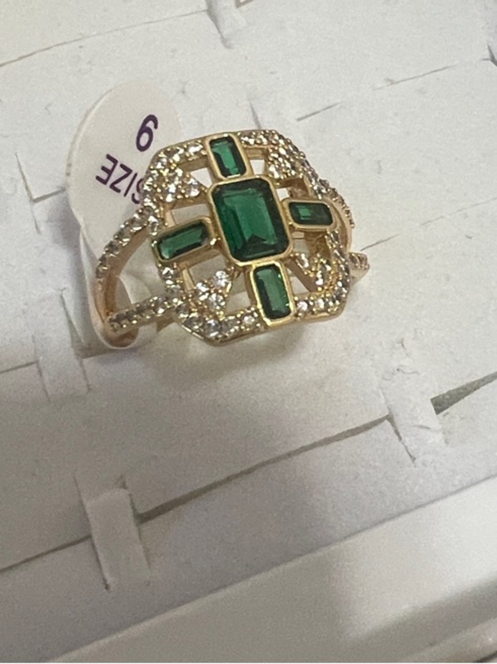 Size 9 Gold Ring with Green Gemstone and Cubic Zirconia Accents